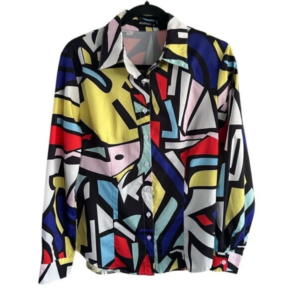 Atnlewhi Abstract Art Eclectic Blouse Button Down Collared Long Sleeve Colorful